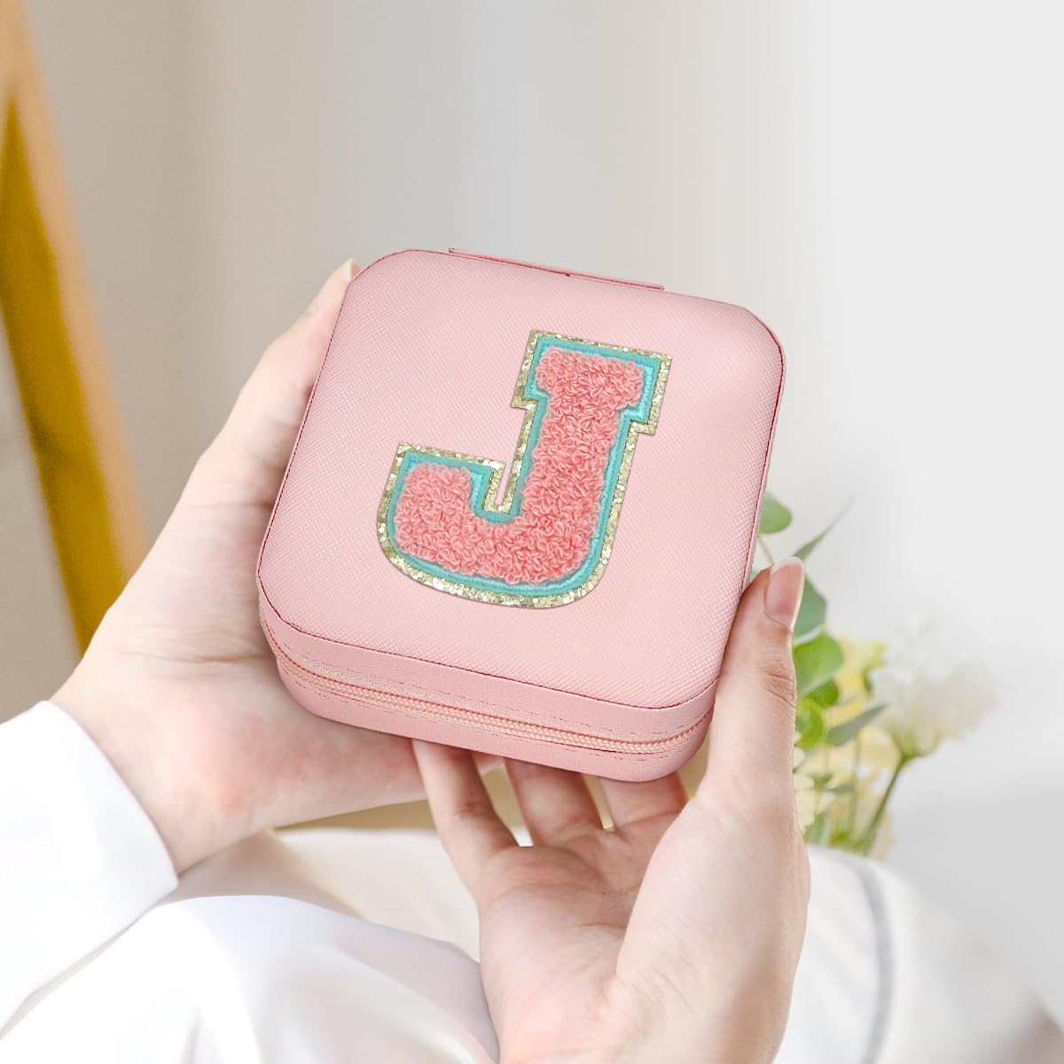 Personalized Jewelry Box, Pink Travel Jewelry Box with Initial M, Small Monogrammed Jewelry Case Organizer for Girls Women Teen Kids, Mini Travel Essentials Gifts for Birthday Christmas