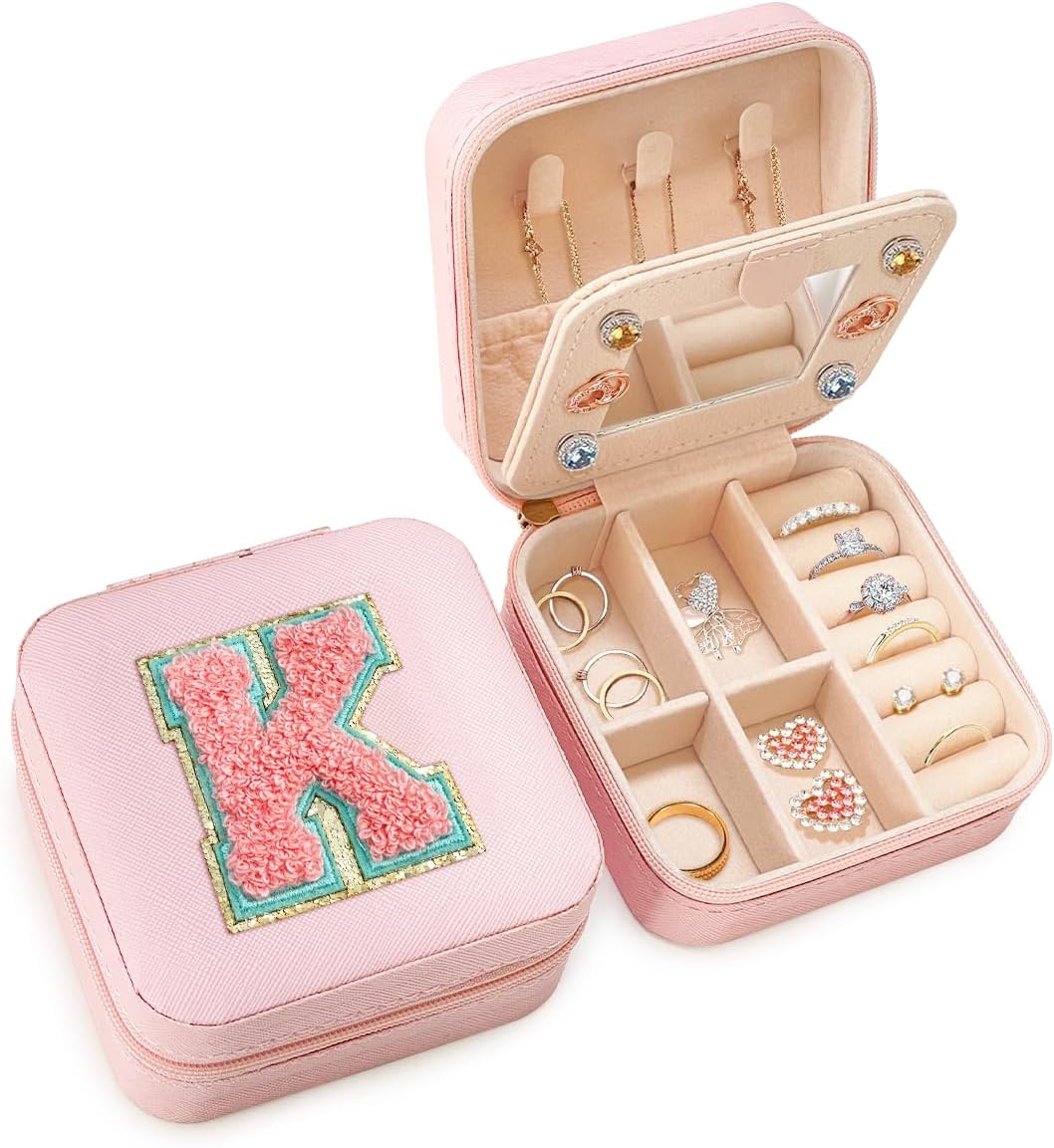 Personalized Jewelry Box, Pink Travel Jewelry Box with Initial M, Small Monogrammed Jewelry Case Organizer for Girls Women Teen Kids, Mini Travel Essentials Gifts for Birthday Christmas