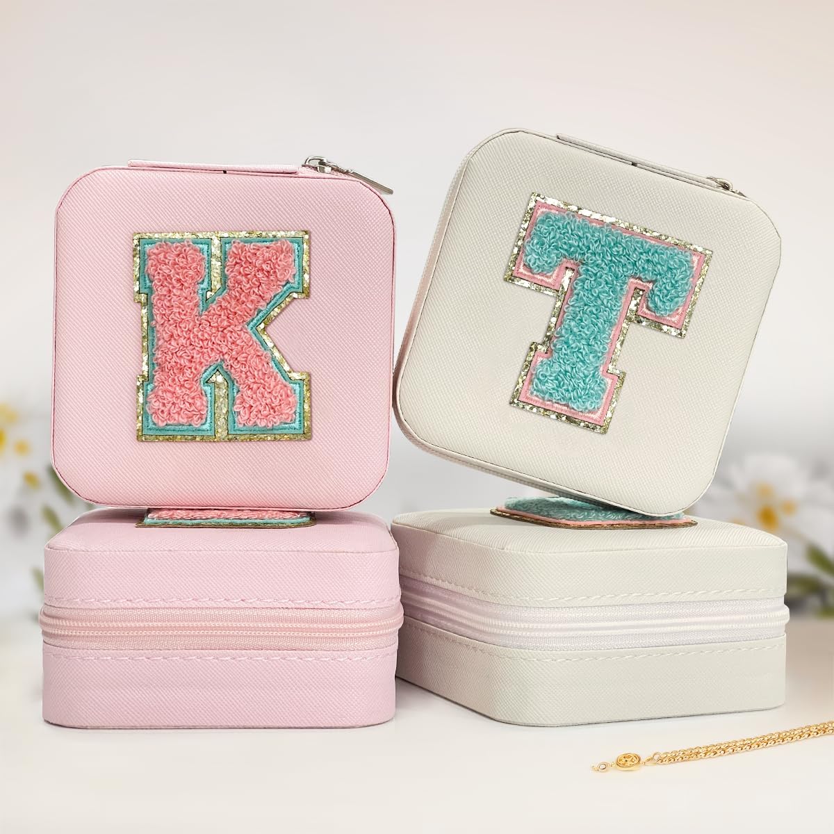 Personalized Jewelry Box, Pink Travel Jewelry Box with Initial M, Small Monogrammed Jewelry Case Organizer for Girls Women Teen Kids, Mini Travel Essentials Gifts for Birthday Christmas