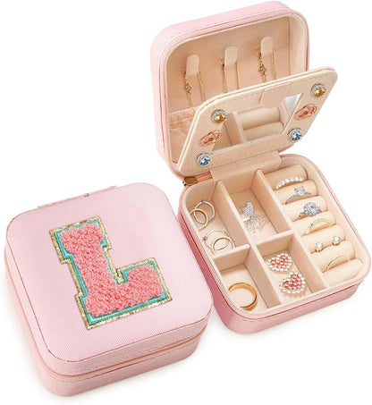Personalized Jewelry Box, Pink Travel Jewelry Box with Initial M, Small Monogrammed Jewelry Case Organizer for Girls Women Teen Kids, Mini Travel Essentials Gifts for Birthday Christmas