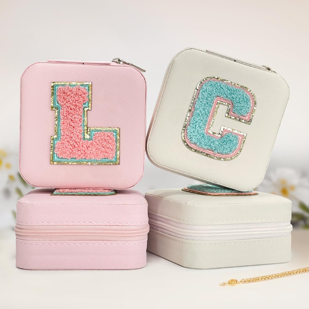 Personalized Jewelry Box, Pink Travel Jewelry Box with Initial M, Small Monogrammed Jewelry Case Organizer for Girls Women Teen Kids, Mini Travel Essentials Gifts for Birthday Christmas