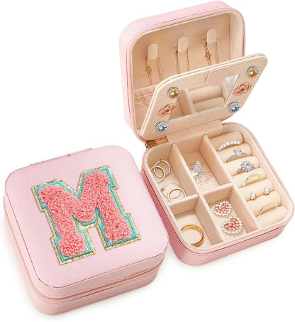 Personalized Jewelry Box, Pink Travel Jewelry Box with Initial M, Small Monogrammed Jewelry Case Organizer for Girls Women Teen Kids, Mini Travel Essentials Gifts for Birthday Christmas