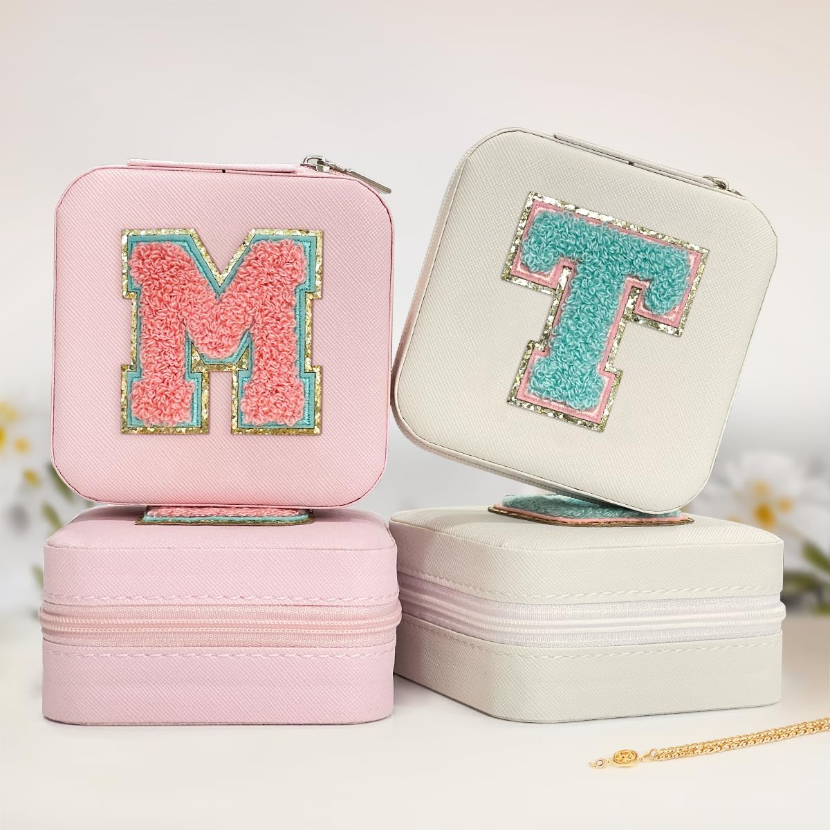 Personalized Jewelry Box, Pink Travel Jewelry Box with Initial M, Small Monogrammed Jewelry Case Organizer for Girls Women Teen Kids, Mini Travel Essentials Gifts for Birthday Christmas
