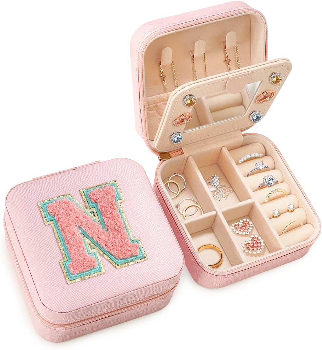 Personalized Jewelry Box, Pink Travel Jewelry Box with Initial M, Small Monogrammed Jewelry Case Organizer for Girls Women Teen Kids, Mini Travel Essentials Gifts for Birthday Christmas