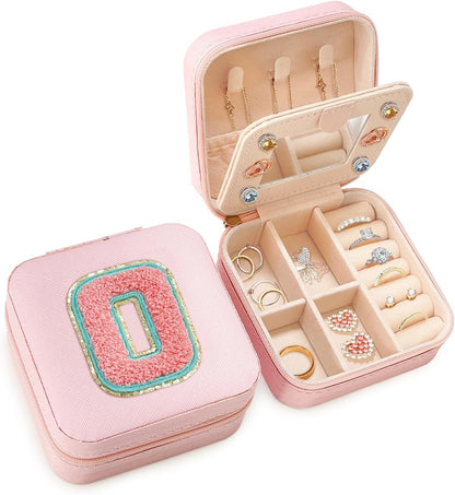 Personalized Jewelry Box, Pink Travel Jewelry Box with Initial M, Small Monogrammed Jewelry Case Organizer for Girls Women Teen Kids, Mini Travel Essentials Gifts for Birthday Christmas