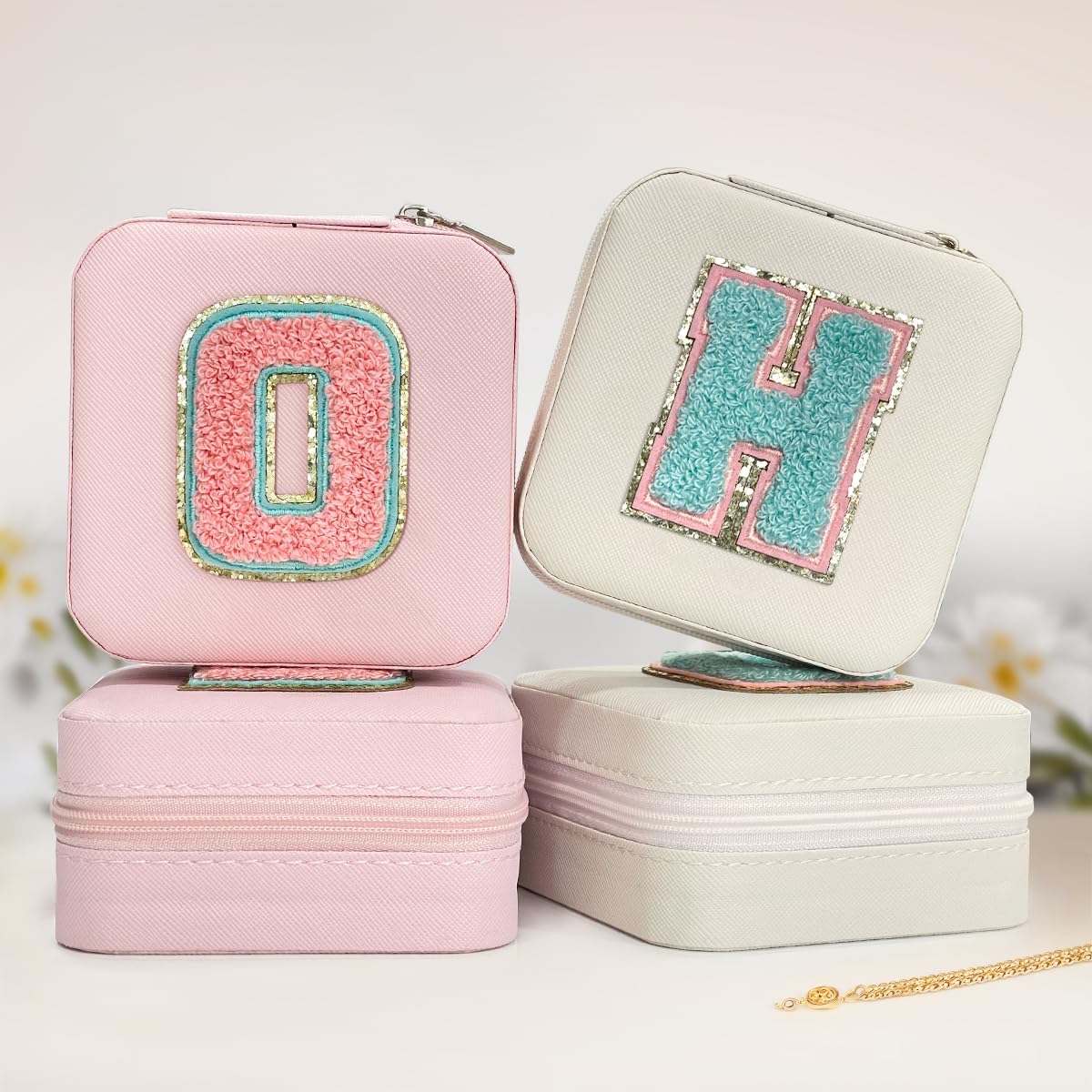 Personalized Jewelry Box, Pink Travel Jewelry Box with Initial M, Small Monogrammed Jewelry Case Organizer for Girls Women Teen Kids, Mini Travel Essentials Gifts for Birthday Christmas