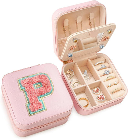 Personalized Jewelry Box, Pink Travel Jewelry Box with Initial M, Small Monogrammed Jewelry Case Organizer for Girls Women Teen Kids, Mini Travel Essentials Gifts for Birthday Christmas