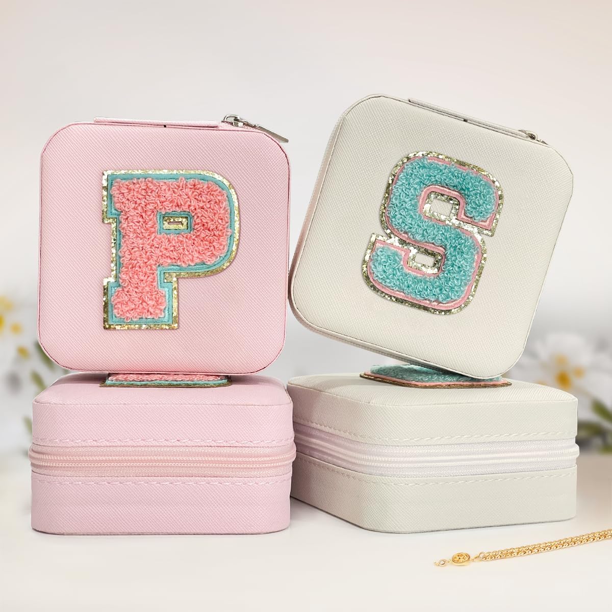 Personalized Jewelry Box, Pink Travel Jewelry Box with Initial M, Small Monogrammed Jewelry Case Organizer for Girls Women Teen Kids, Mini Travel Essentials Gifts for Birthday Christmas