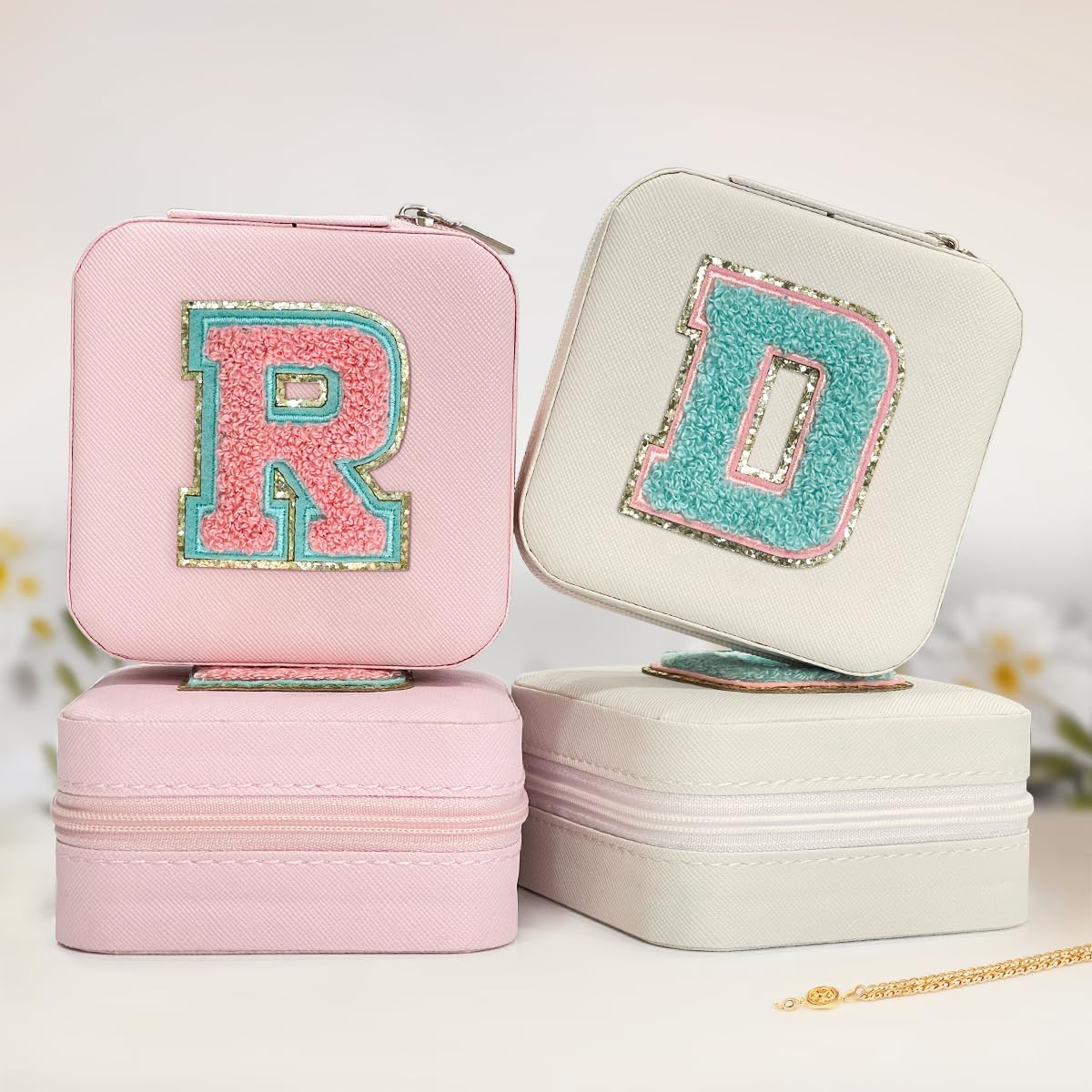 Personalized Jewelry Box, Pink Travel Jewelry Box with Initial M, Small Monogrammed Jewelry Case Organizer for Girls Women Teen Kids, Mini Travel Essentials Gifts for Birthday Christmas