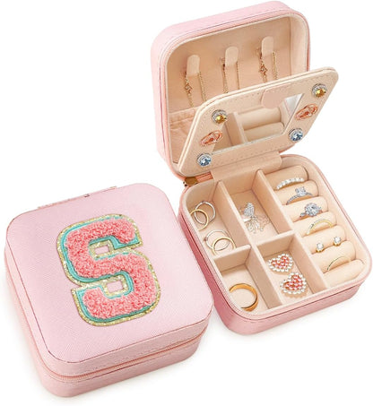 Personalized Jewelry Box, Pink Travel Jewelry Box with Initial M, Small Monogrammed Jewelry Case Organizer for Girls Women Teen Kids, Mini Travel Essentials Gifts for Birthday Christmas