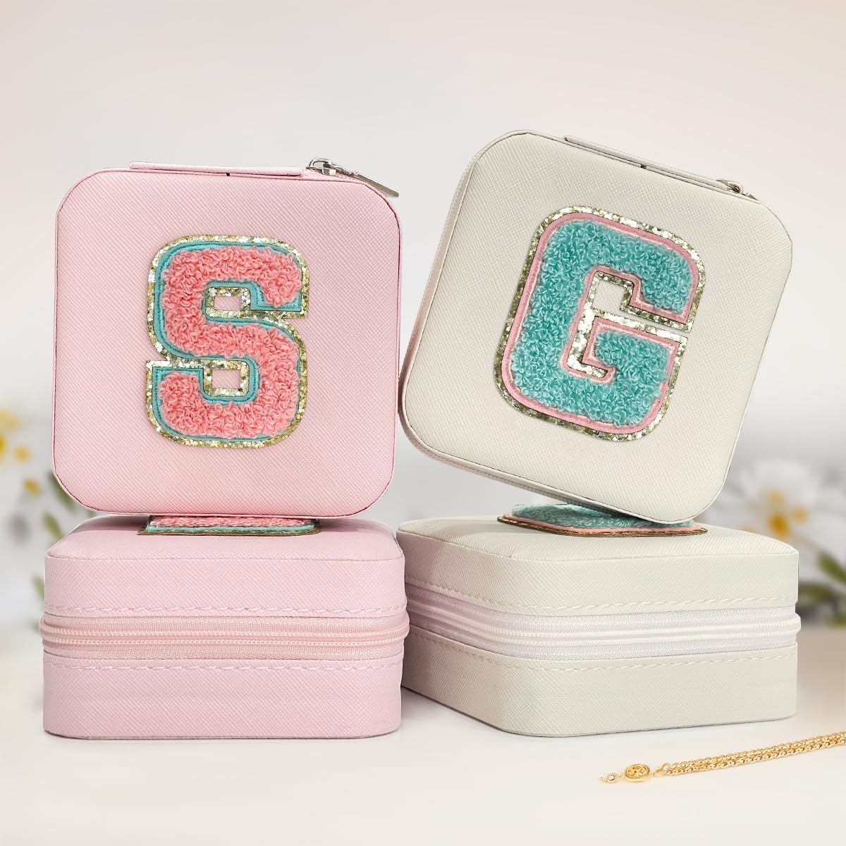 Personalized Jewelry Box, Pink Travel Jewelry Box with Initial M, Small Monogrammed Jewelry Case Organizer for Girls Women Teen Kids, Mini Travel Essentials Gifts for Birthday Christmas