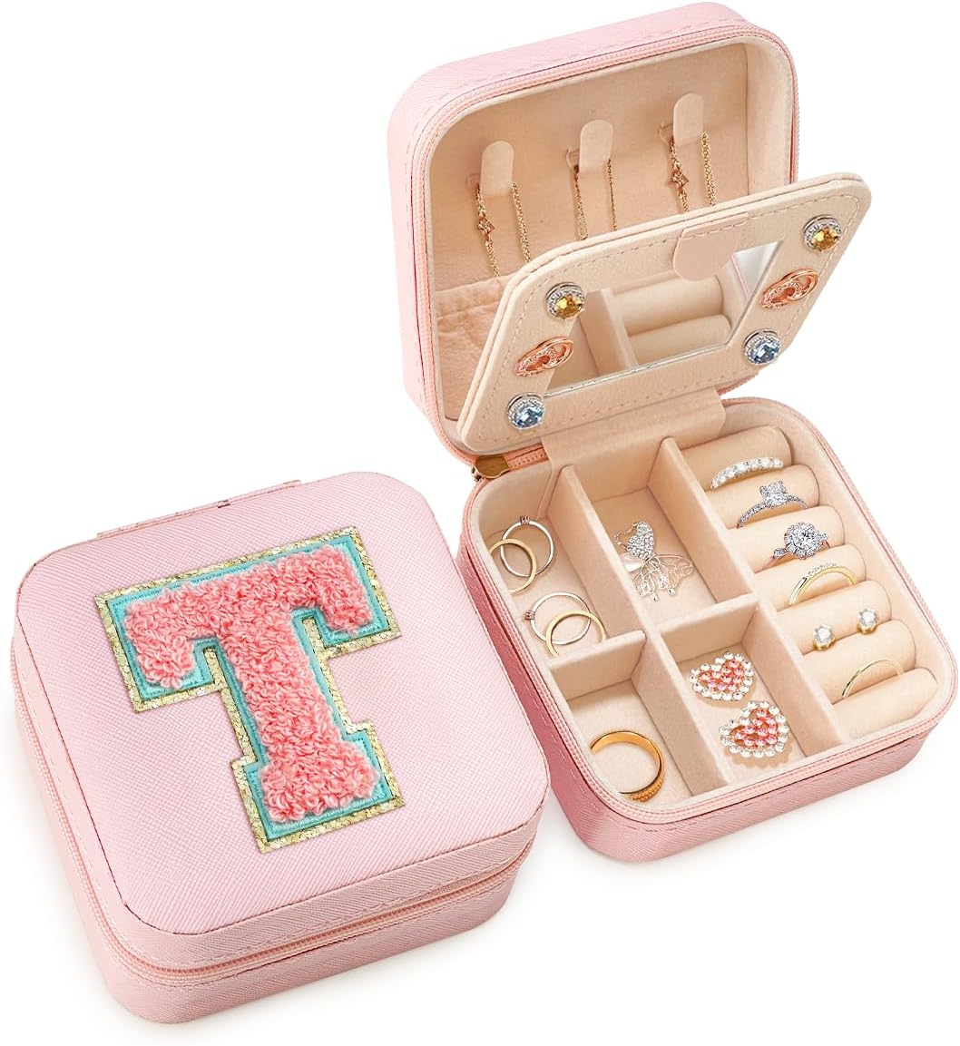 Personalized Jewelry Box, Pink Travel Jewelry Box with Initial M, Small Monogrammed Jewelry Case Organizer for Girls Women Teen Kids, Mini Travel Essentials Gifts for Birthday Christmas