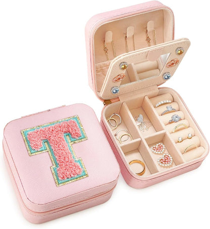 Personalized Jewelry Box, Pink Travel Jewelry Box with Initial M, Small Monogrammed Jewelry Case Organizer for Girls Women Teen Kids, Mini Travel Essentials Gifts for Birthday Christmas