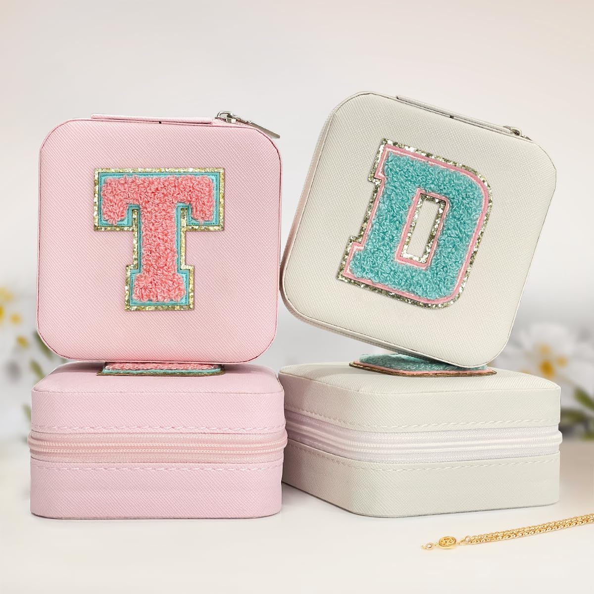 Personalized Jewelry Box, Pink Travel Jewelry Box with Initial M, Small Monogrammed Jewelry Case Organizer for Girls Women Teen Kids, Mini Travel Essentials Gifts for Birthday Christmas