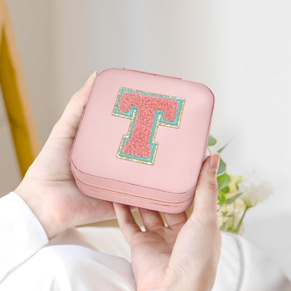 Personalized Jewelry Box, Pink Travel Jewelry Box with Initial M, Small Monogrammed Jewelry Case Organizer for Girls Women Teen Kids, Mini Travel Essentials Gifts for Birthday Christmas