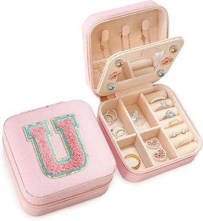 Personalized Jewelry Box, Pink Travel Jewelry Box with Initial M, Small Monogrammed Jewelry Case Organizer for Girls Women Teen Kids, Mini Travel Essentials Gifts for Birthday Christmas