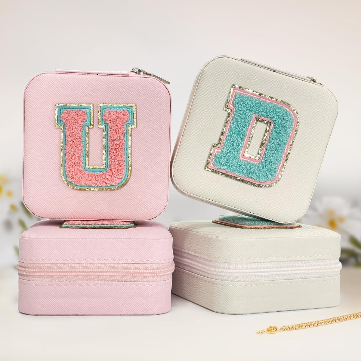 Personalized Jewelry Box, Pink Travel Jewelry Box with Initial M, Small Monogrammed Jewelry Case Organizer for Girls Women Teen Kids, Mini Travel Essentials Gifts for Birthday Christmas