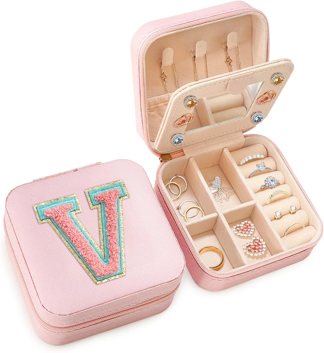 Personalized Jewelry Box, Pink Travel Jewelry Box with Initial M, Small Monogrammed Jewelry Case Organizer for Girls Women Teen Kids, Mini Travel Essentials Gifts for Birthday Christmas