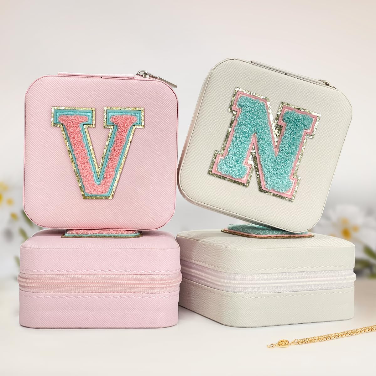 Personalized Jewelry Box, Pink Travel Jewelry Box with Initial M, Small Monogrammed Jewelry Case Organizer for Girls Women Teen Kids, Mini Travel Essentials Gifts for Birthday Christmas