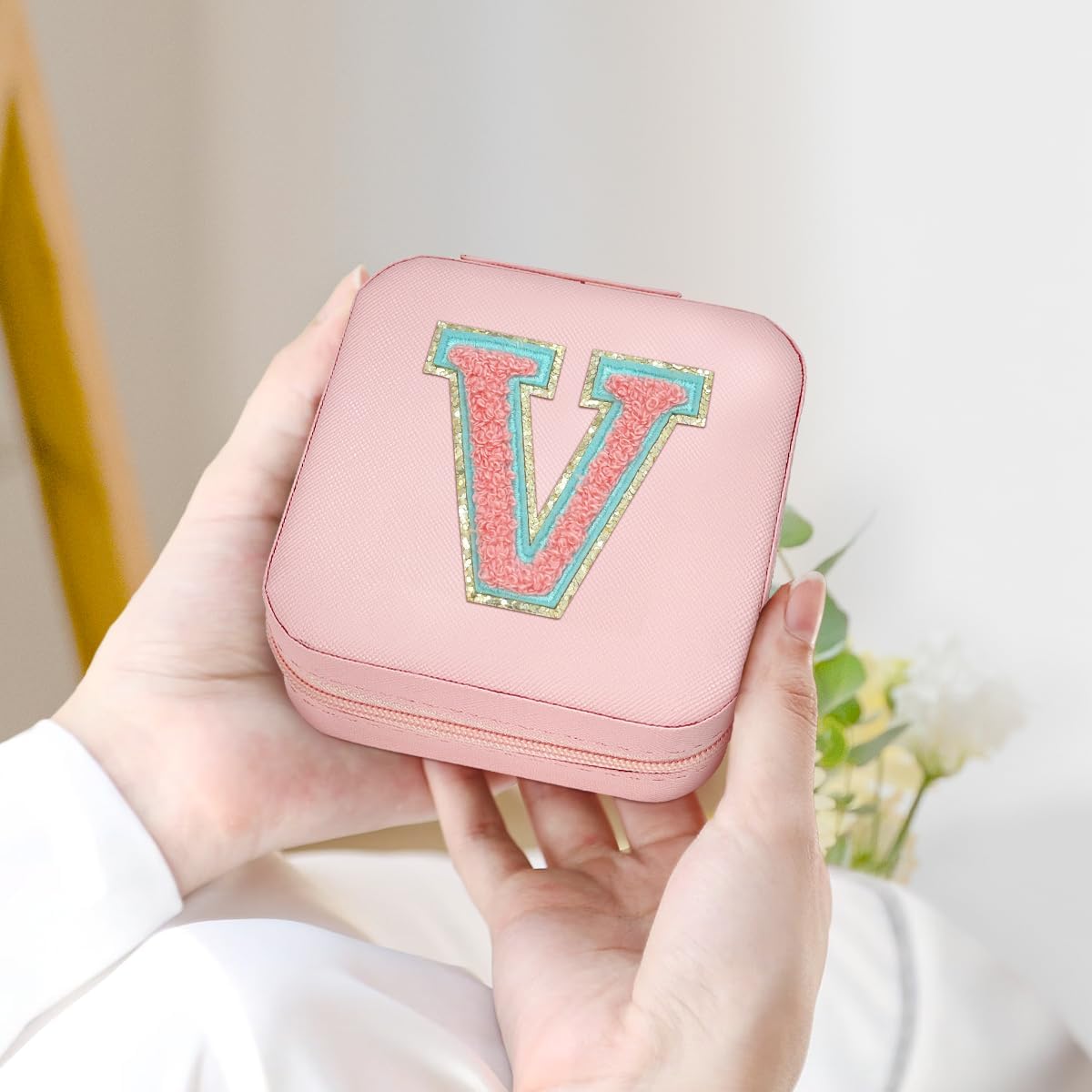 Personalized Jewelry Box, Pink Travel Jewelry Box with Initial M, Small Monogrammed Jewelry Case Organizer for Girls Women Teen Kids, Mini Travel Essentials Gifts for Birthday Christmas