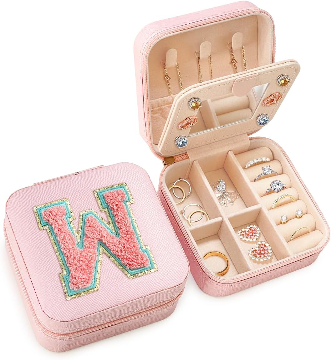 Personalized Jewelry Box, Pink Travel Jewelry Box with Initial M, Small Monogrammed Jewelry Case Organizer for Girls Women Teen Kids, Mini Travel Essentials Gifts for Birthday Christmas