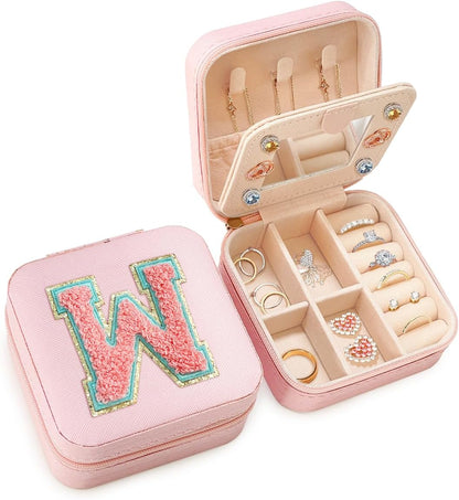 Personalized Jewelry Box, Pink Travel Jewelry Box with Initial M, Small Monogrammed Jewelry Case Organizer for Girls Women Teen Kids, Mini Travel Essentials Gifts for Birthday Christmas