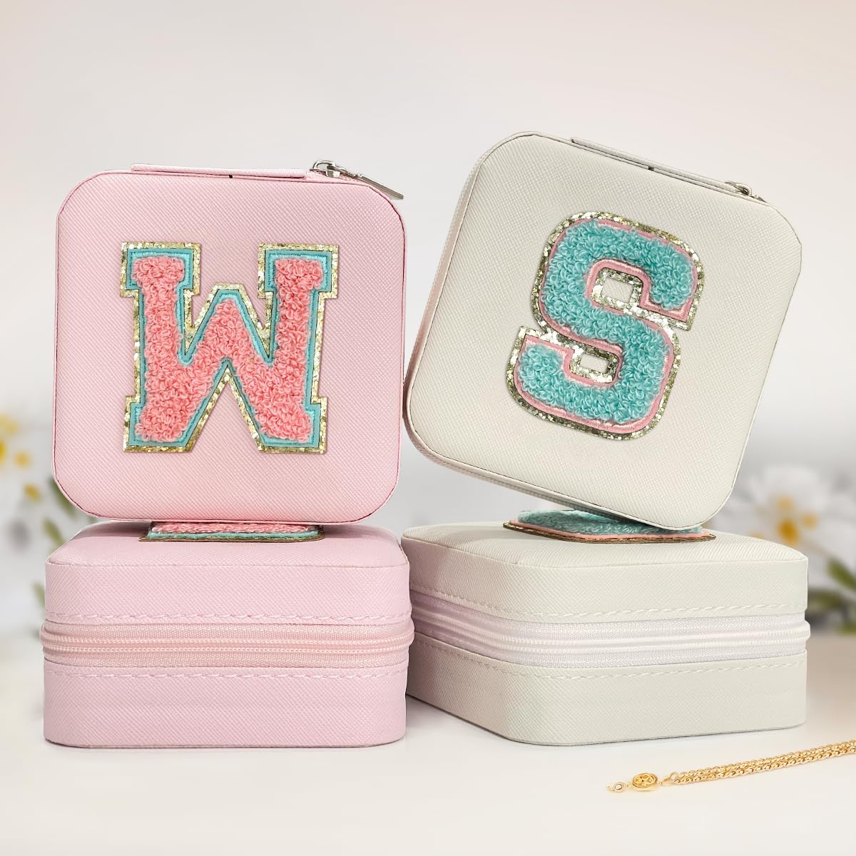 Personalized Jewelry Box, Pink Travel Jewelry Box with Initial M, Small Monogrammed Jewelry Case Organizer for Girls Women Teen Kids, Mini Travel Essentials Gifts for Birthday Christmas