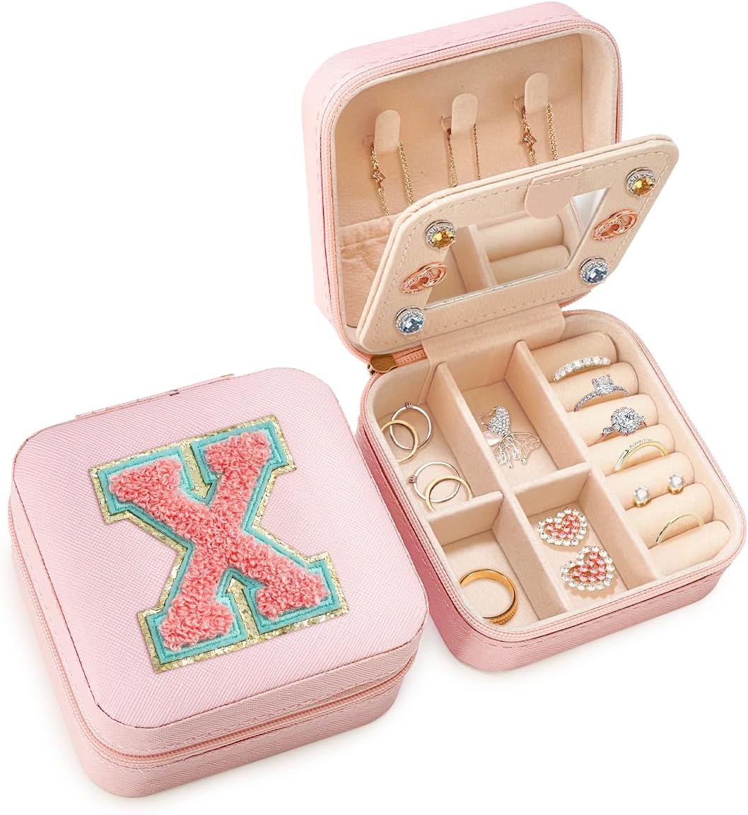 Personalized Jewelry Box, Pink Travel Jewelry Box with Initial M, Small Monogrammed Jewelry Case Organizer for Girls Women Teen Kids, Mini Travel Essentials Gifts for Birthday Christmas
