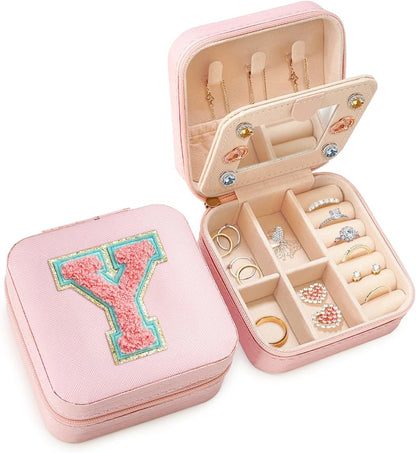 Personalized Jewelry Box, Pink Travel Jewelry Box with Initial M, Small Monogrammed Jewelry Case Organizer for Girls Women Teen Kids, Mini Travel Essentials Gifts for Birthday Christmas