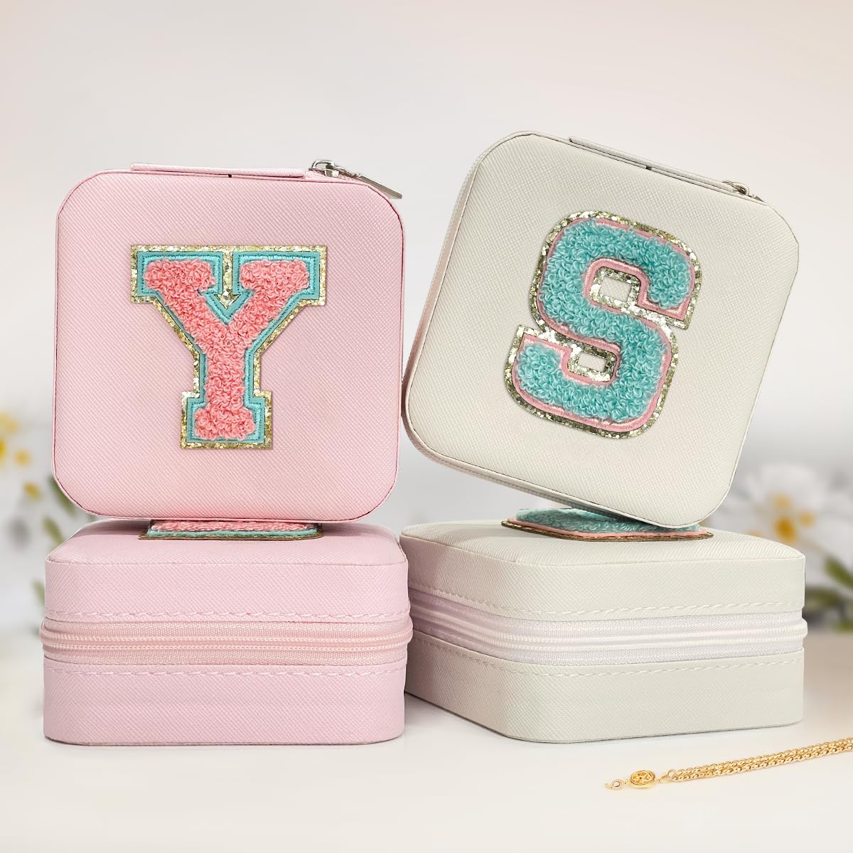 Personalized Jewelry Box, Pink Travel Jewelry Box with Initial M, Small Monogrammed Jewelry Case Organizer for Girls Women Teen Kids, Mini Travel Essentials Gifts for Birthday Christmas