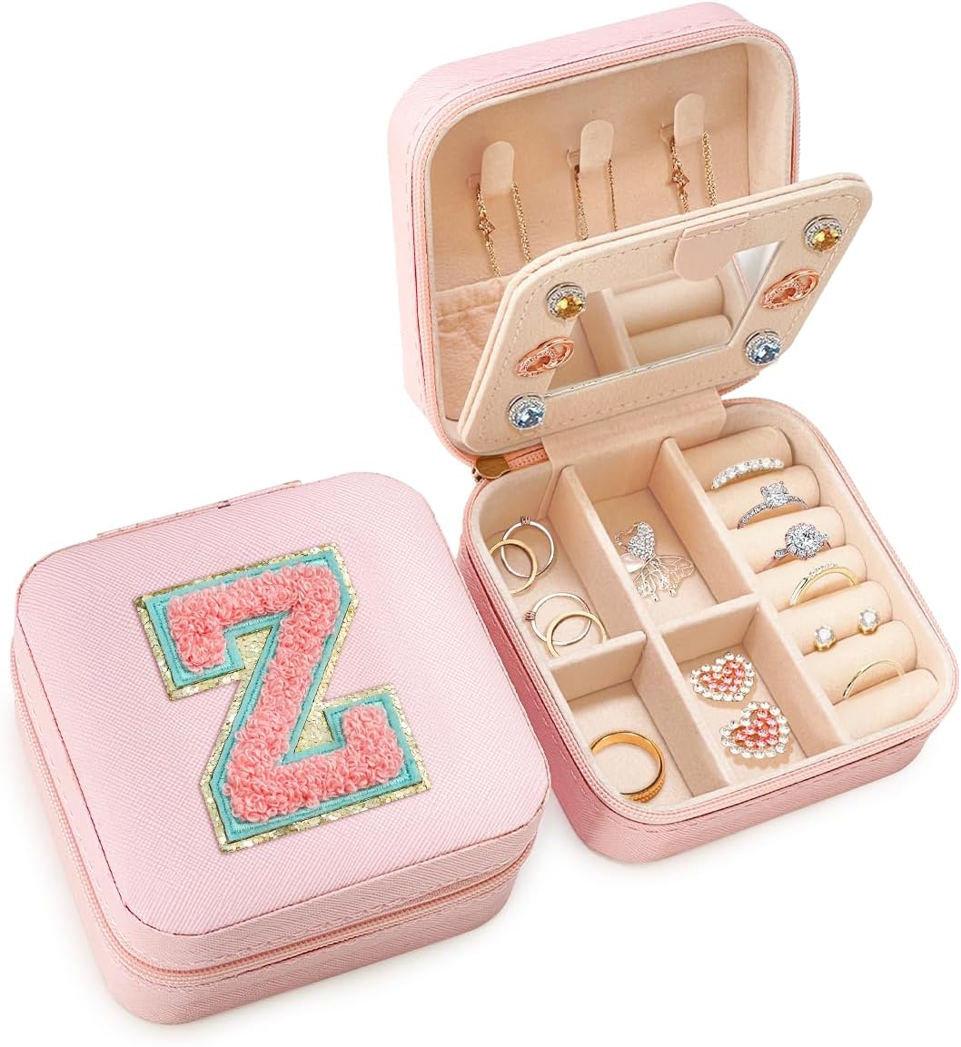 Personalized Jewelry Box, Pink Travel Jewelry Box with Initial M, Small Monogrammed Jewelry Case Organizer for Girls Women Teen Kids, Mini Travel Essentials Gifts for Birthday Christmas