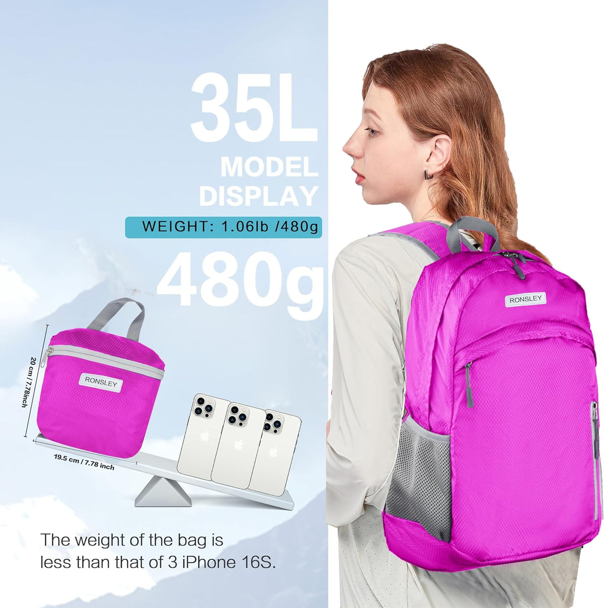 Waterproof Foldable Backpack Dry Storage Lightweight Daypack 35L Outdoor Backpack Hiking Backpackfor Beach Men Women Hot Pink