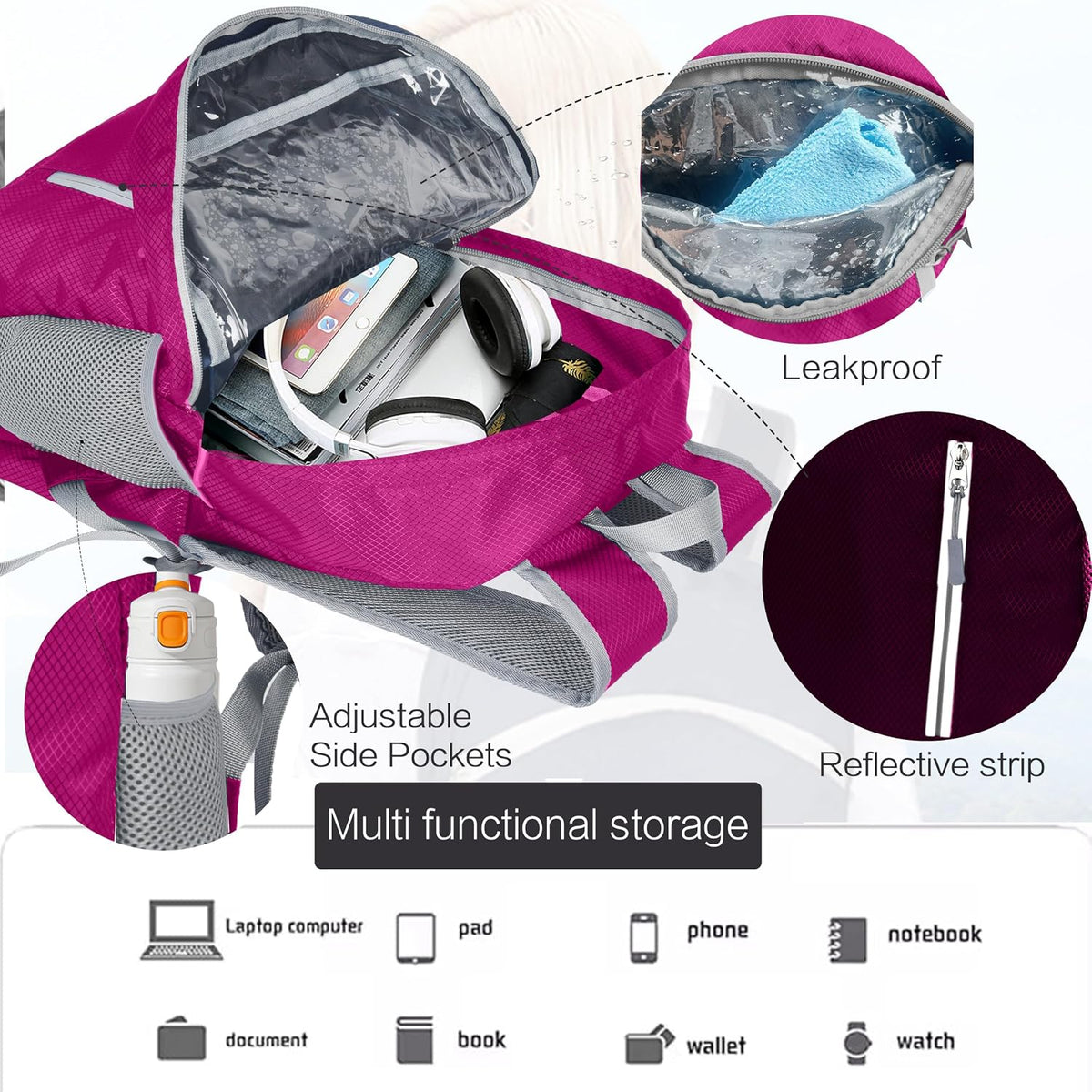 Waterproof Foldable Backpack Dry Storage Lightweight Daypack 35L Outdoor Backpack Hiking Backpackfor Beach Men Women Hot Pink