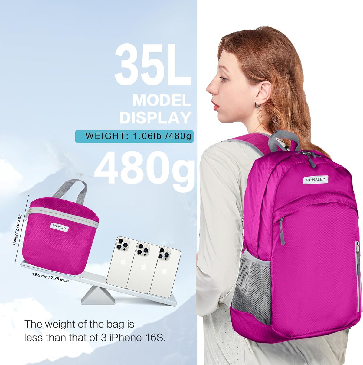 Waterproof Foldable Backpack Dry Storage Lightweight Daypack 35L Outdoor Backpack Hiking Backpackfor Beach Men Women Hot Pink
