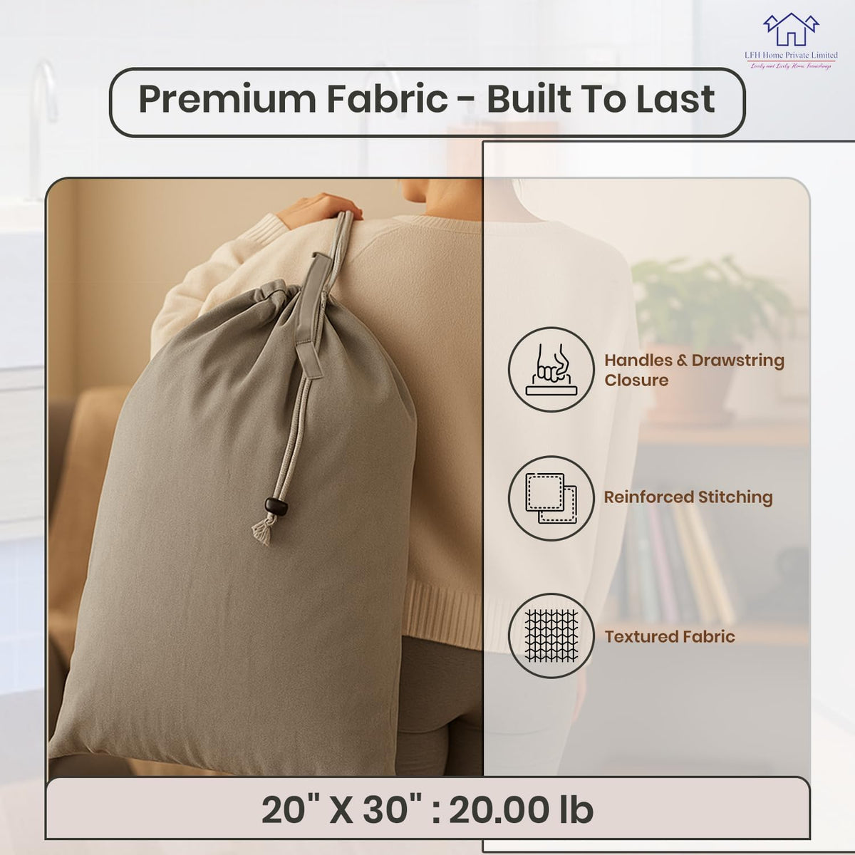 LFH Home Cotton Rich Canvas Large Laundry Bag with Handle, Heavy Duty Drawstring Closure Washable Laundry Bags, School Travel, Home, Hotel, College Dorm, Organizer Sack, Toys 20x30-Grey