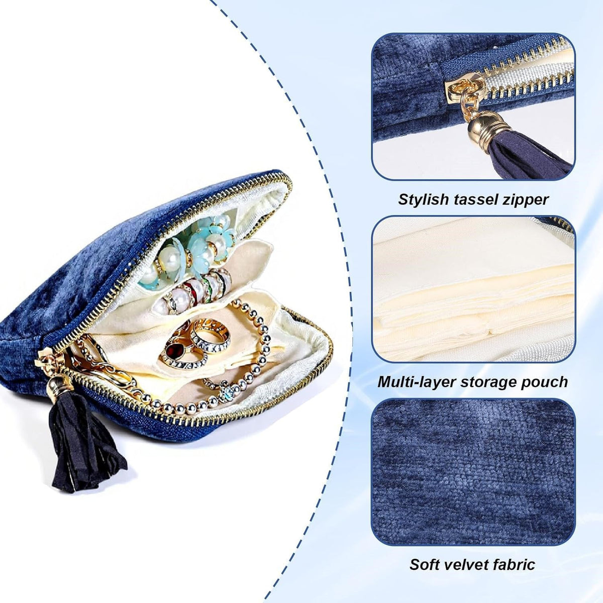 Small Portable Jewelry Travel Case Jewelry Pouch Bags with Tassel Zipper Soft Mini Jewelry Roll Organizer Storage Bag for Necklaces Bracelets Earrings