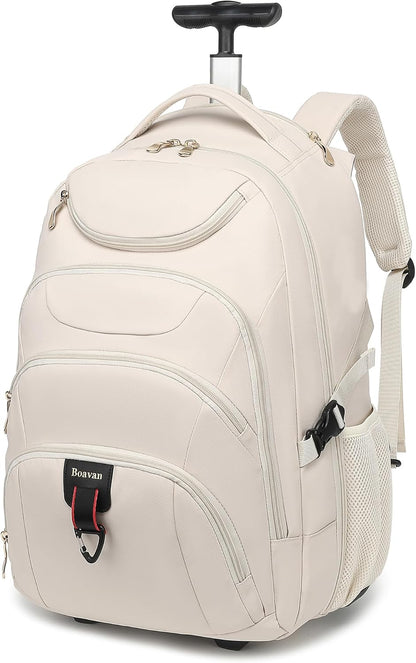 Rolling Backpack for Women, 17.3 Inch Wheeled Laptop Backpack,Large Travel Carry-On Bag for Teachers College Students, USB Charging Port Waterproof Business for Airplane Overnight Luggage，Pink