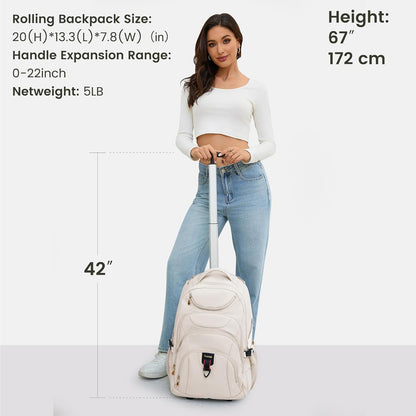 Rolling Backpack for Women, 17.3 Inch Wheeled Laptop Backpack,Large Travel Carry-On Bag for Teachers College Students, USB Charging Port Waterproof Business for Airplane Overnight Luggage，Pink