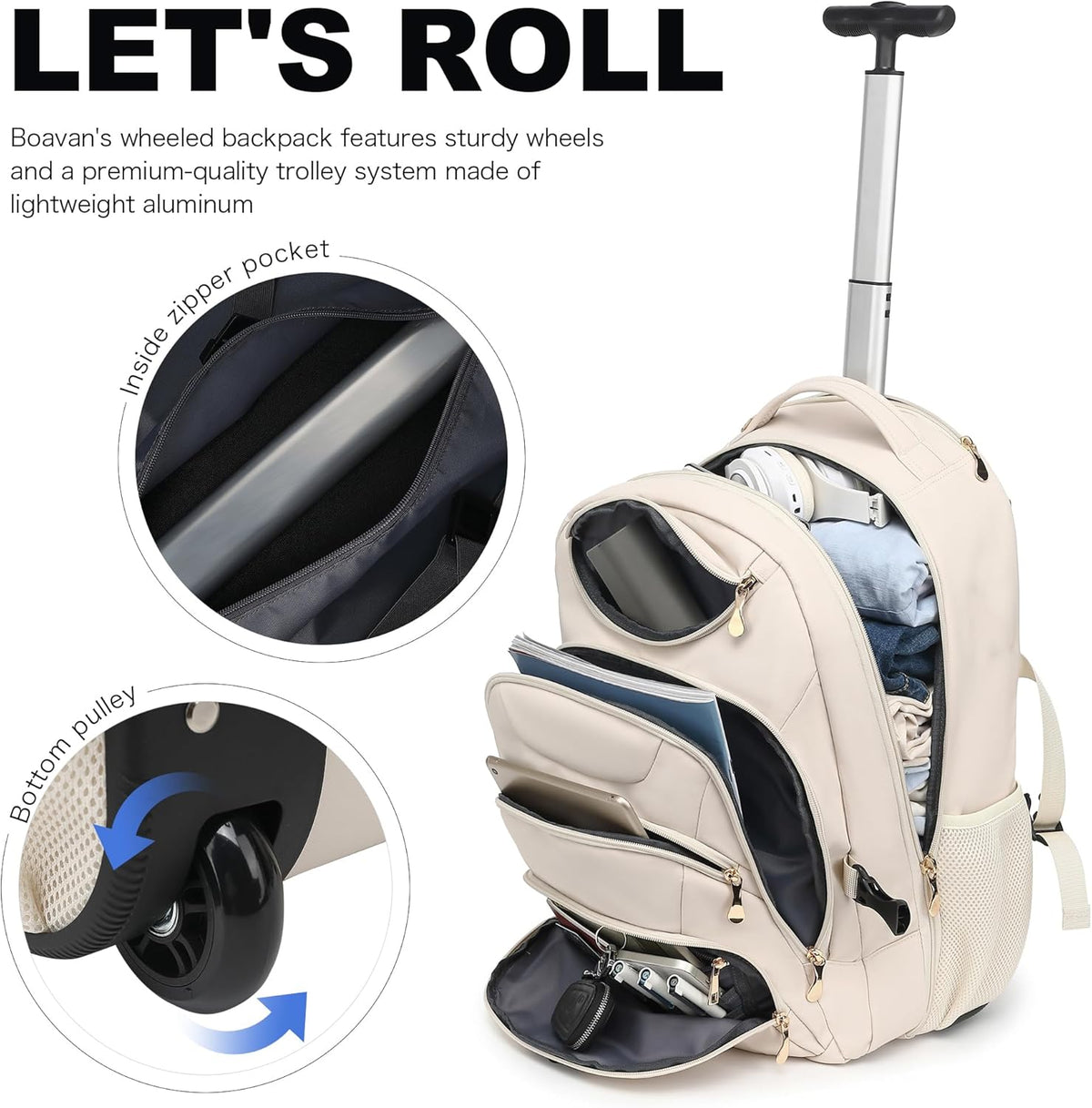 Rolling Backpack for Women, 17.3 Inch Wheeled Laptop Backpack,Large Travel Carry-On Bag for Teachers College Students, USB Charging Port Waterproof Business for Airplane Overnight Luggage，Pink