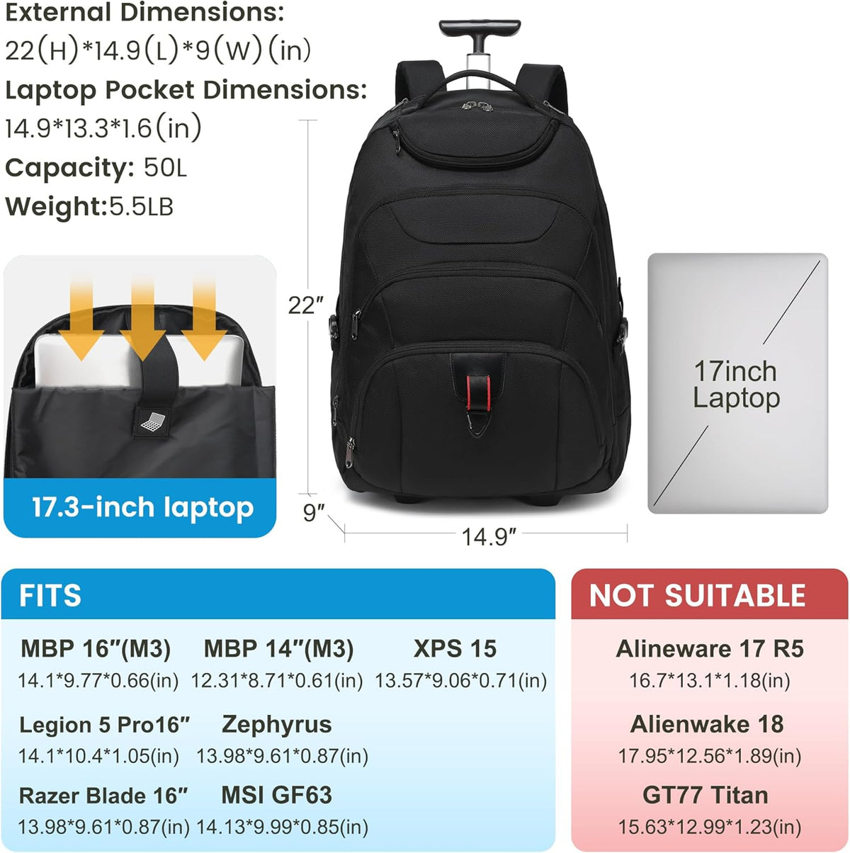 Rolling Backpack for Women, 17.3 Inch Wheeled Laptop Backpack,Large Travel Carry-On Bag for Teachers College Students, USB Charging Port Waterproof Business for Airplane Overnight Luggage，Pink