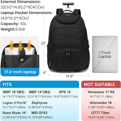 Rolling Backpack for Women, 17.3 Inch Wheeled Laptop Backpack,Large Travel Carry-On Bag for Teachers College Students, USB Charging Port Waterproof Business for Airplane Overnight Luggage，Pink