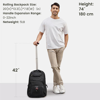 Rolling Backpack for Women, 17.3 Inch Wheeled Laptop Backpack,Large Travel Carry-On Bag for Teachers College Students, USB Charging Port Waterproof Business for Airplane Overnight Luggage，Pink