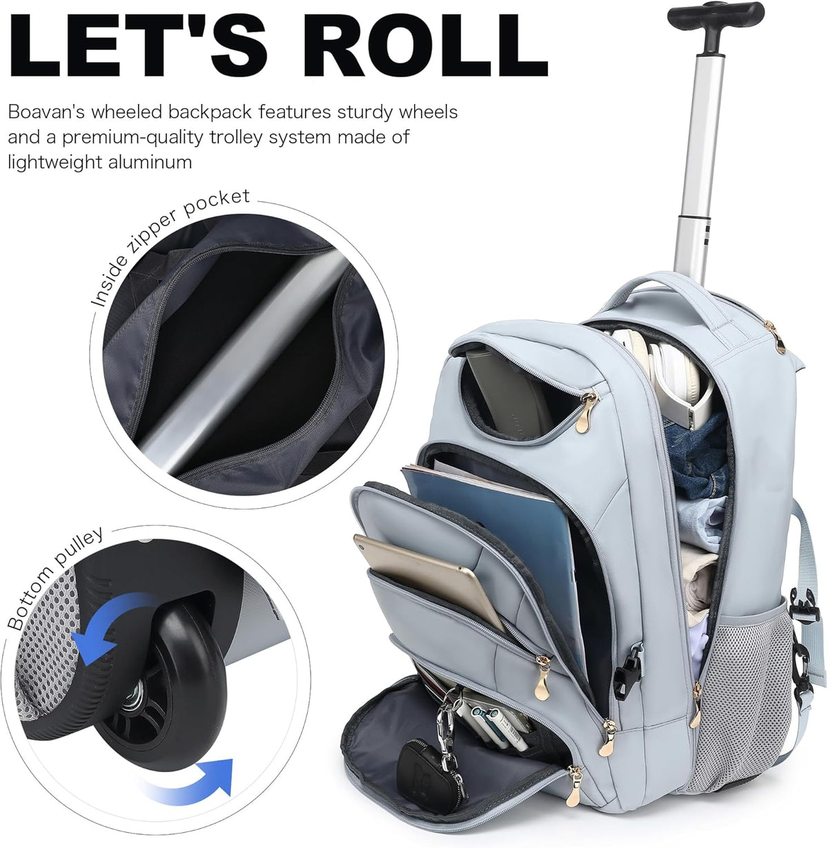 Rolling Backpack for Women, 17.3 Inch Wheeled Laptop Backpack,Large Travel Carry-On Bag for Teachers College Students, USB Charging Port Waterproof Business for Airplane Overnight Luggage，Pink
