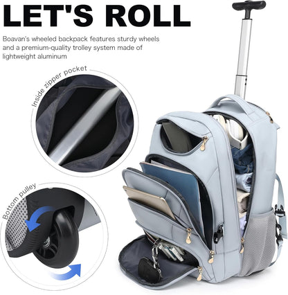 Rolling Backpack for Women, 17.3 Inch Wheeled Laptop Backpack,Large Travel Carry-On Bag for Teachers College Students, USB Charging Port Waterproof Business for Airplane Overnight Luggage，Pink