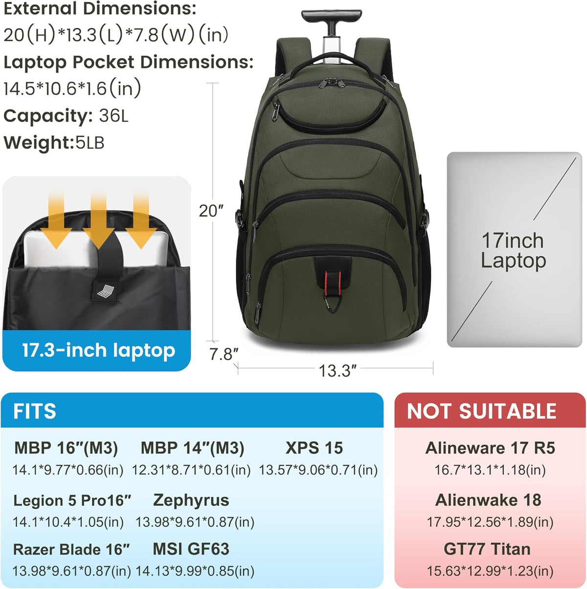Rolling Backpack for Women, 17.3 Inch Wheeled Laptop Backpack,Large Travel Carry-On Bag for Teachers College Students, USB Charging Port Waterproof Business for Airplane Overnight Luggage，Pink