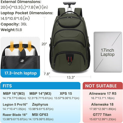 Rolling Backpack for Women, 17.3 Inch Wheeled Laptop Backpack,Large Travel Carry-On Bag for Teachers College Students, USB Charging Port Waterproof Business for Airplane Overnight Luggage，Pink