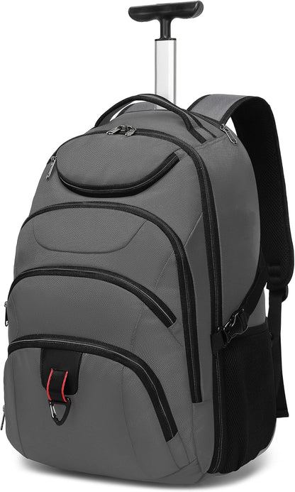 Rolling Backpack for Women, 17.3 Inch Wheeled Laptop Backpack,Large Travel Carry-On Bag for Teachers College Students, USB Charging Port Waterproof Business for Airplane Overnight Luggage，Pink