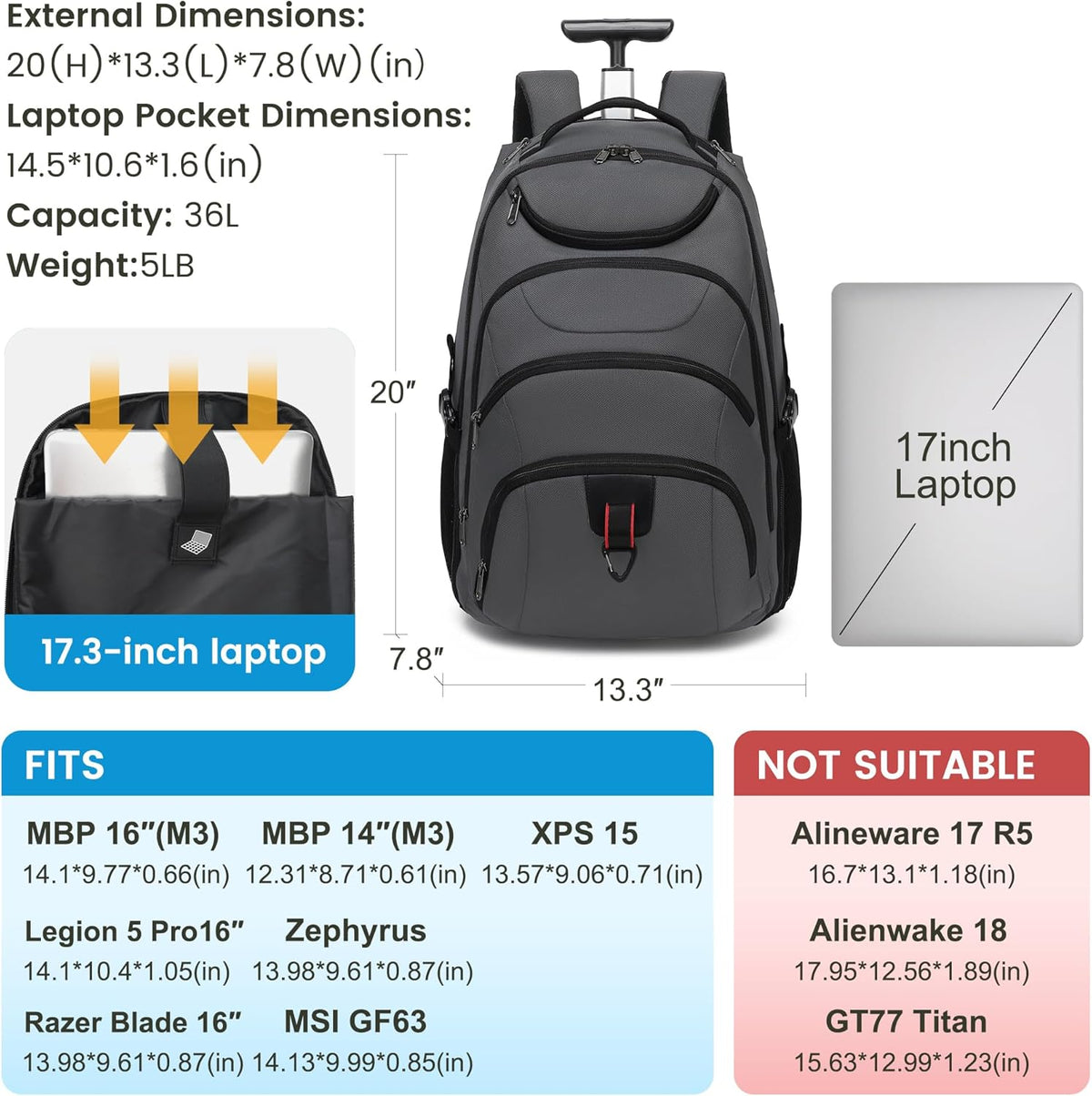 Rolling Backpack for Women, 17.3 Inch Wheeled Laptop Backpack,Large Travel Carry-On Bag for Teachers College Students, USB Charging Port Waterproof Business for Airplane Overnight Luggage，Pink