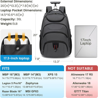 Rolling Backpack for Women, 17.3 Inch Wheeled Laptop Backpack,Large Travel Carry-On Bag for Teachers College Students, USB Charging Port Waterproof Business for Airplane Overnight Luggage，Pink