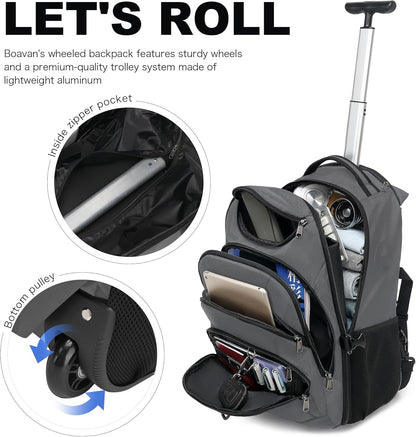 Rolling Backpack for Women, 17.3 Inch Wheeled Laptop Backpack,Large Travel Carry-On Bag for Teachers College Students, USB Charging Port Waterproof Business for Airplane Overnight Luggage，Pink
